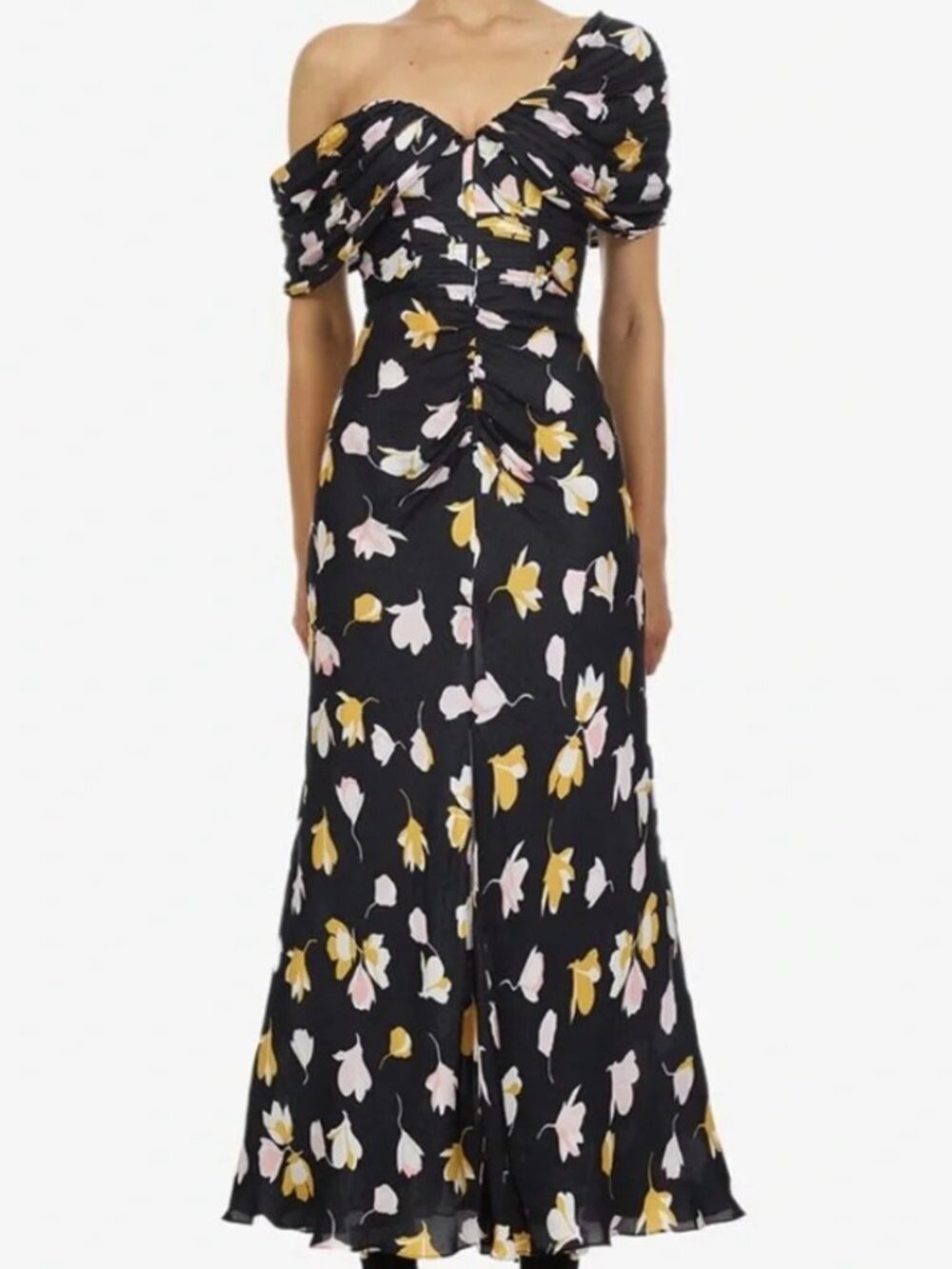 Self-Portrait Floral Ruched Off Shoulder Midi Dress Black